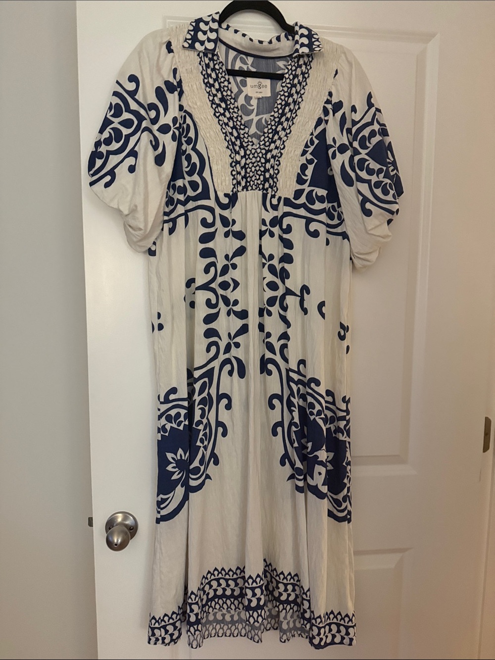 Umgee Cream Maxi Dress with Navy Scroll Print